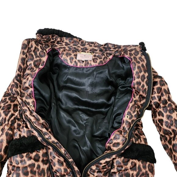 Juicy Couture Womens Puffer Coat Jacket Small Brown Cheetah Leopard Fur Hooded - Picture 12 of 16
